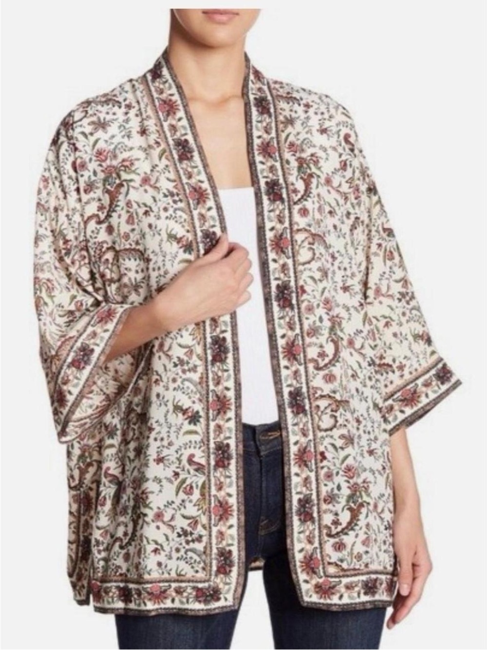 Max Studio Cream Paisley Open Kimono with Multi-Color Accents